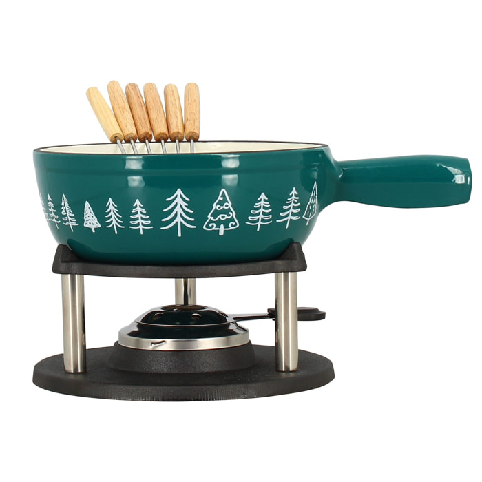 Fondue montagne 1.9l en fonte crème et bleu canard avec 6fourchettes