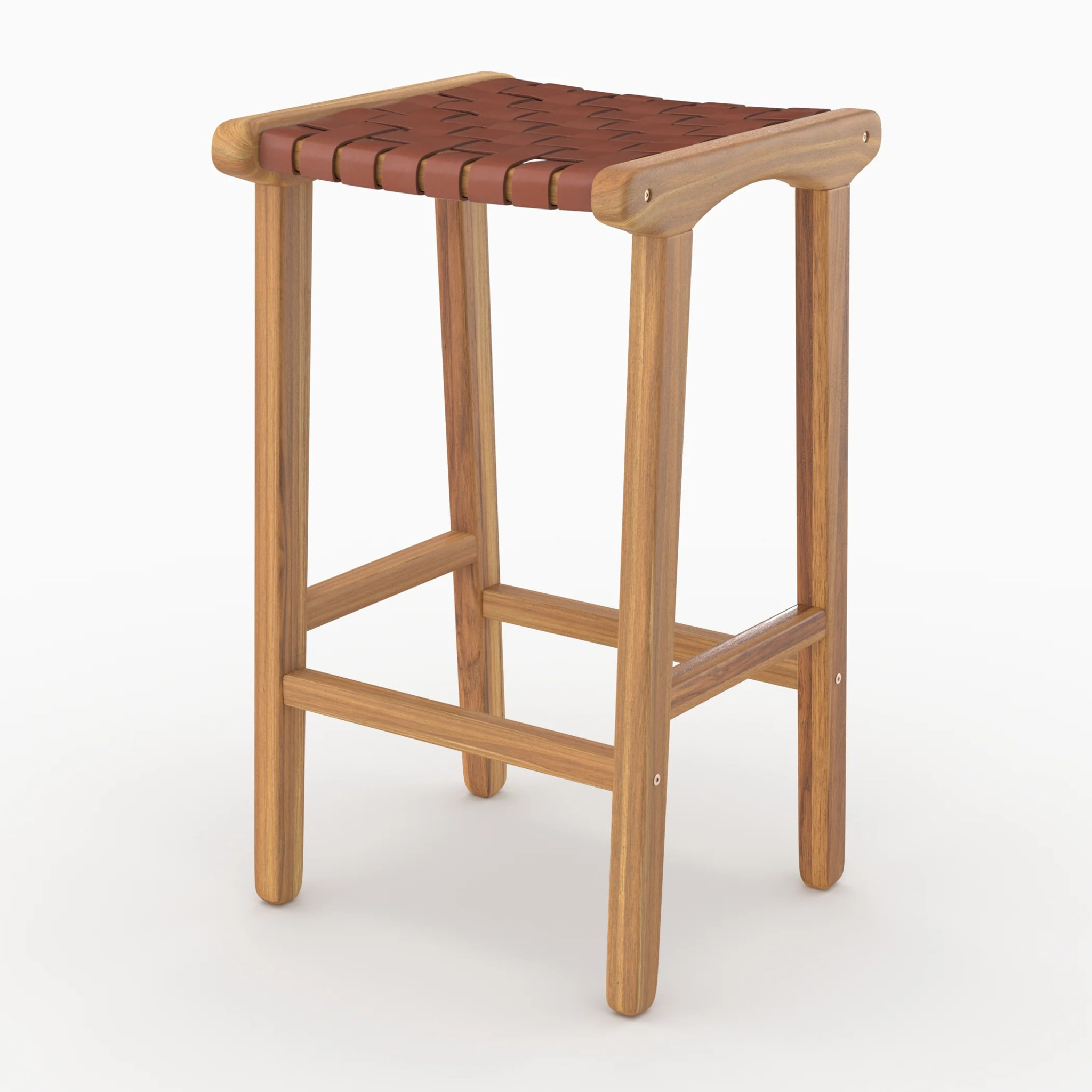 Tabouret pour îlot central 68 cm en teck et cuir tressé marron - Kuna