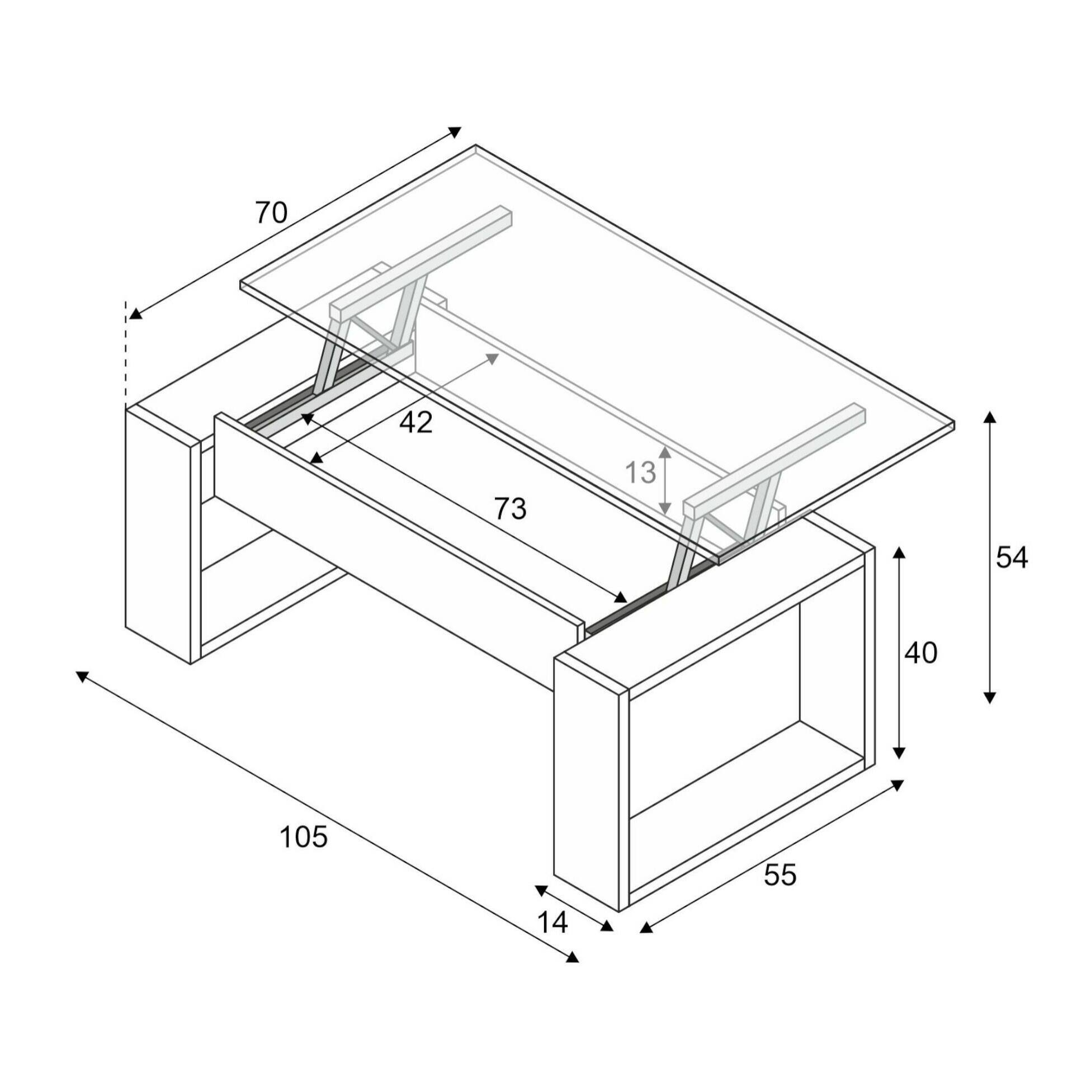 Tavolino da salotto Flint, Tavolino da caffè con piano elevabile, Tavolo basso da soggiorno, cm 105x55h45/56, Bianco