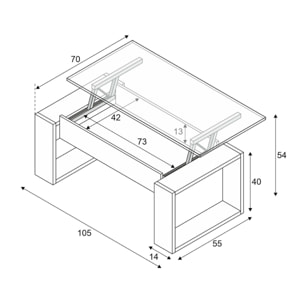 Tavolino da salotto Flint, Tavolino da caffè con piano elevabile, Tavolo basso da soggiorno, cm 105x55h45/56, Bianco