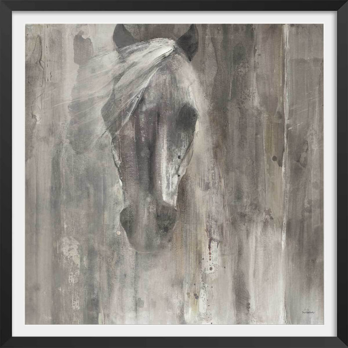 Affiche Cheval blanc aquarelle Affiche + cadre en bois - Noir