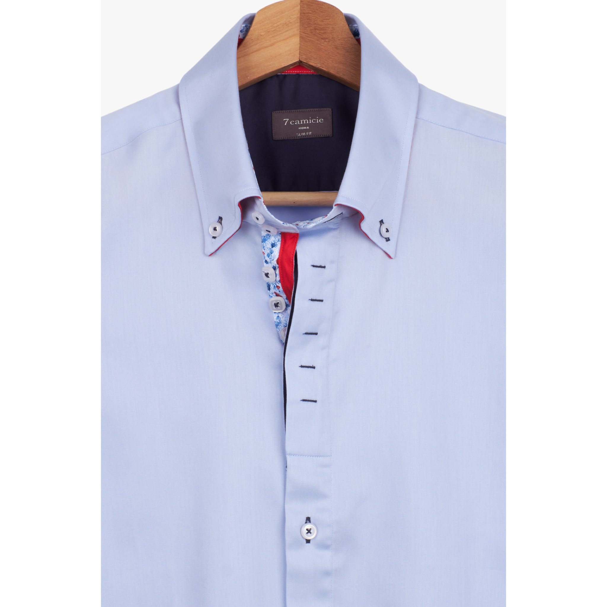Camicia Uomo 2 Bottoni Button Down Slim Satin Unito Celeste