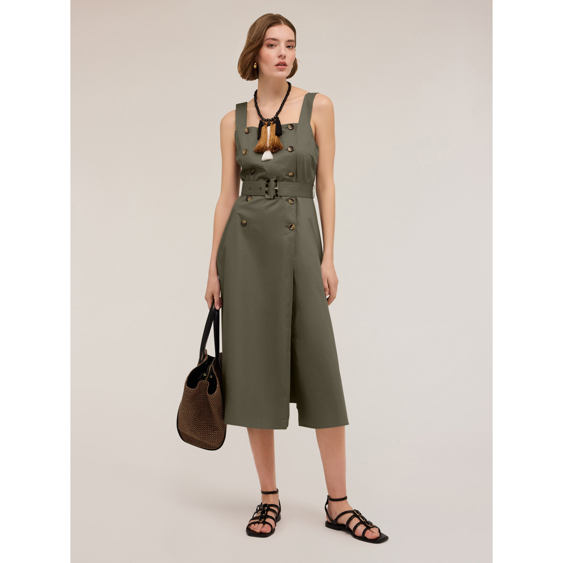 Motivi - Vestido de algodón con botones - Verde militare