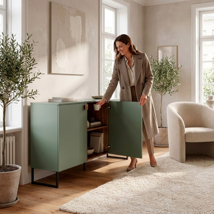 Madia Soggiorno Credenza 3 Ante Con Ripiani Interni Piedini Neri Mobile Sala Da Pranzo Soggiorno Zona Living  184 x 86 x 40 Cm Colore Verde E Rovere
