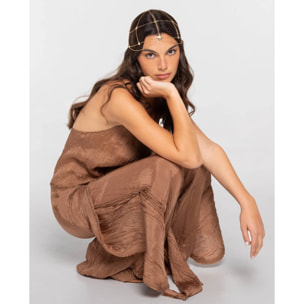 Pantalón ancho de mujer fluido con capas y abalorios