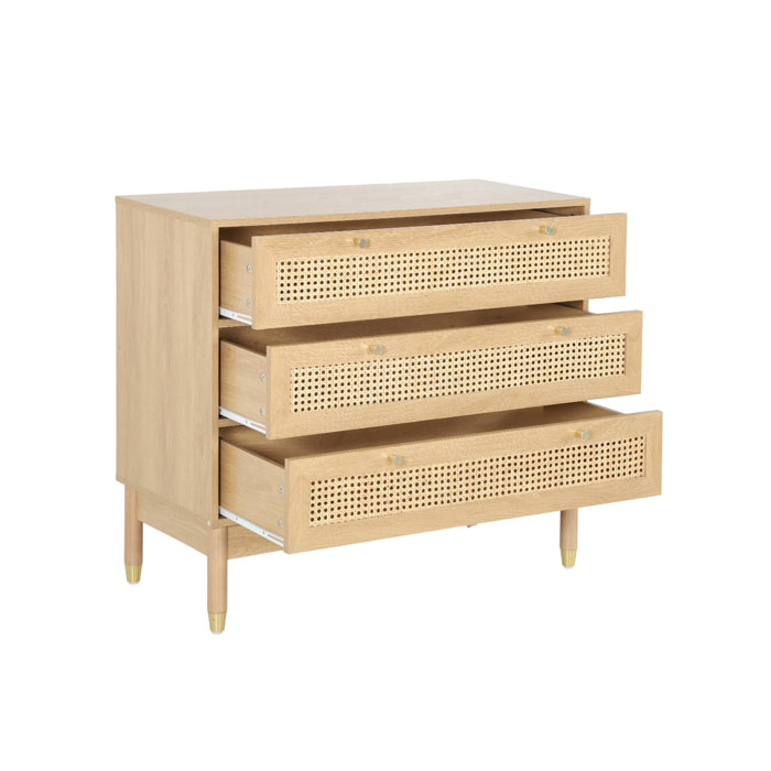 Commode décor bois et cannage 3 tiroirs teinte naturelle - 90 x 40 x 80 cm - Judith