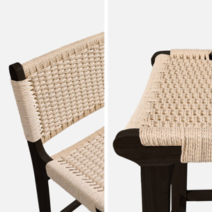 Lot de 2 tabourets de bar en bois d'hévéa noir et assise en cordes beiges