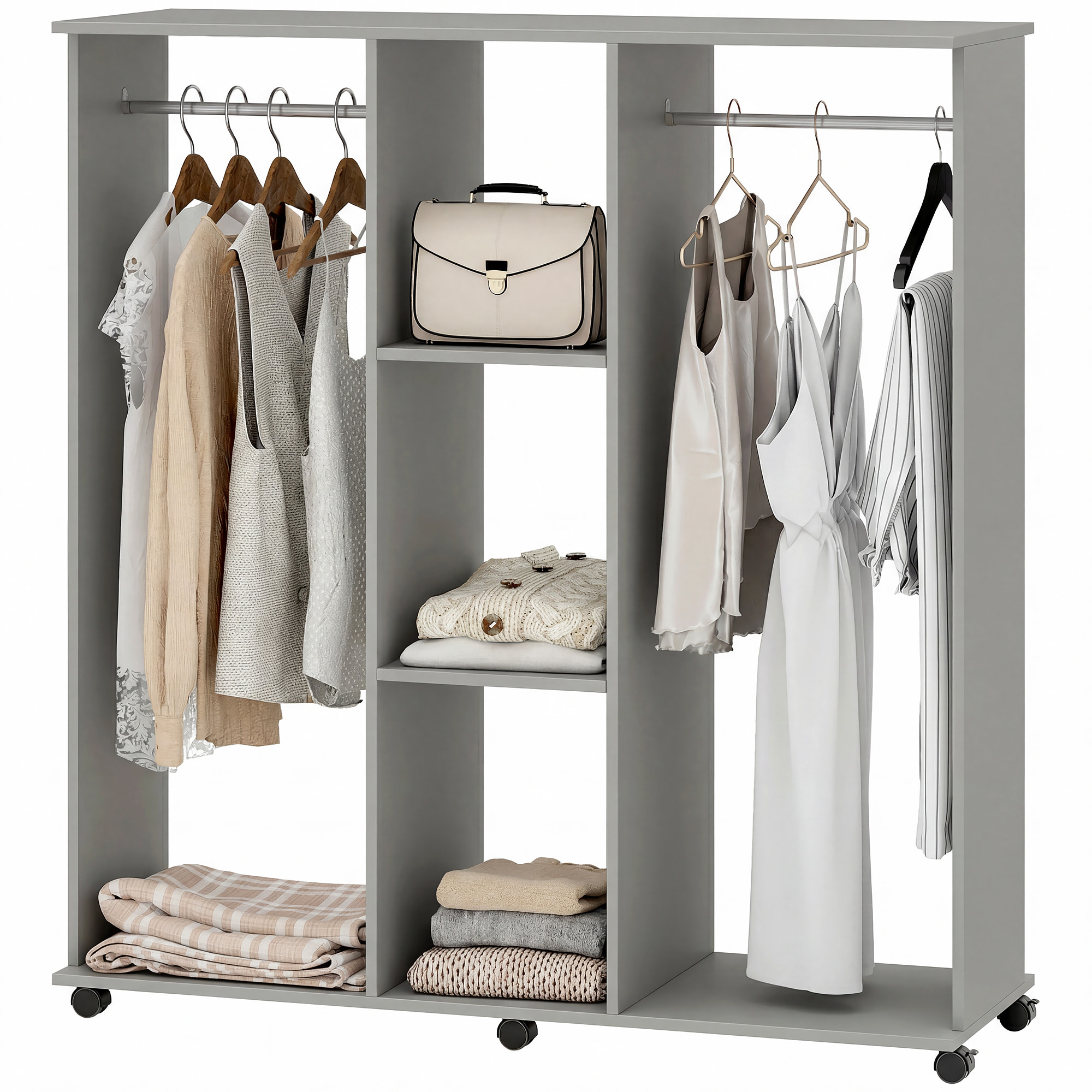 Armoire penderie meuble de rangement mobile 6 roulettes 120L x 40l x 128H cm panneaux de particules aspect bois gris