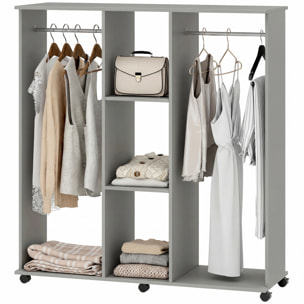 Armoire penderie meuble de rangement mobile 6 roulettes 120L x 40l x 128H cm panneaux de particules aspect bois gris