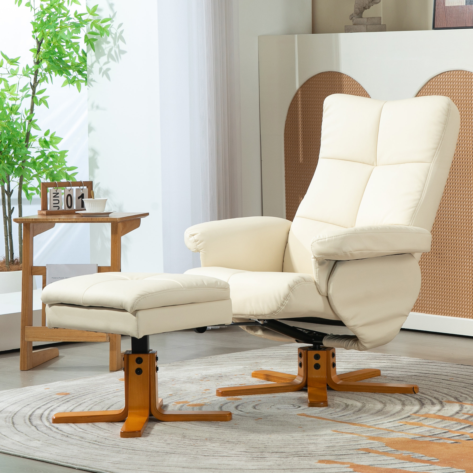 Fauteuil relax inclinable style contemporain repose-pieds coffre rangement revêtement synthétique acier bois crème