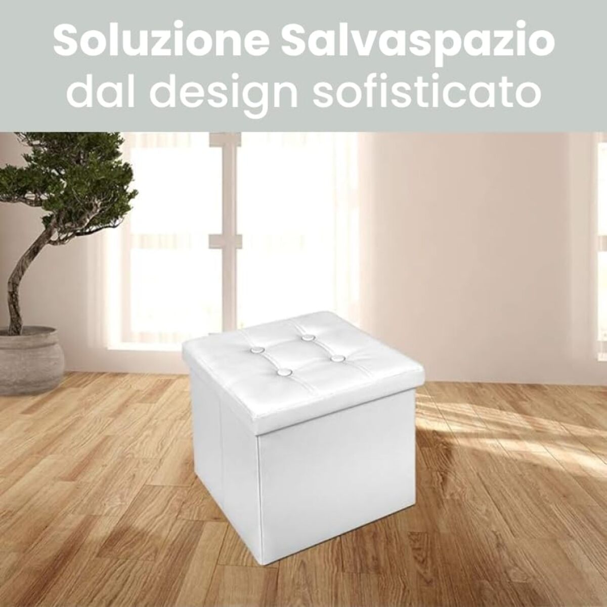 Pouf Contenitore Quadrato in Ecopelle, Pouf Poggiapiedi Imbottito in simil Pelle