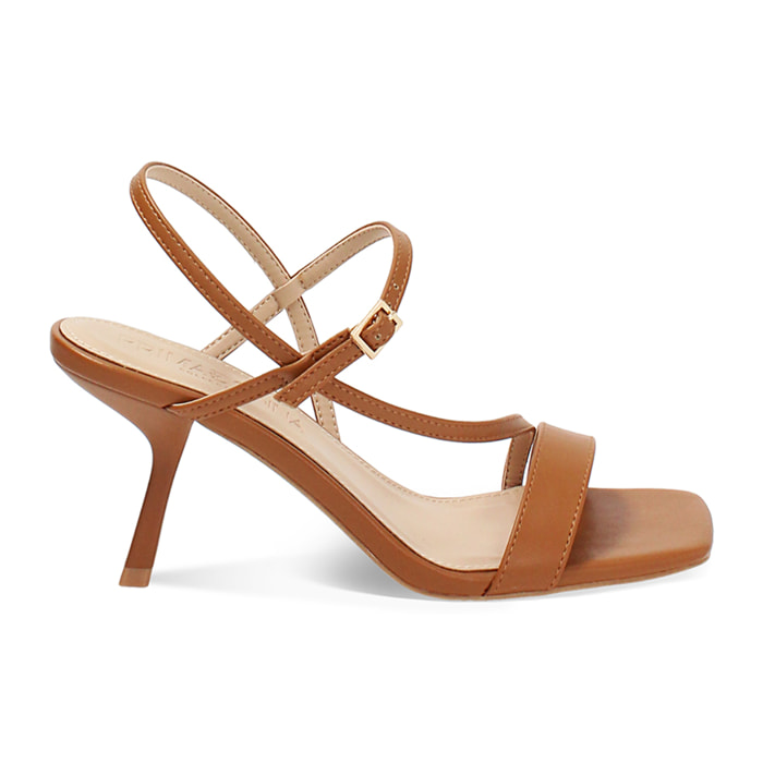 Sandalo donna cognac moderno, tacco 7,5 cm