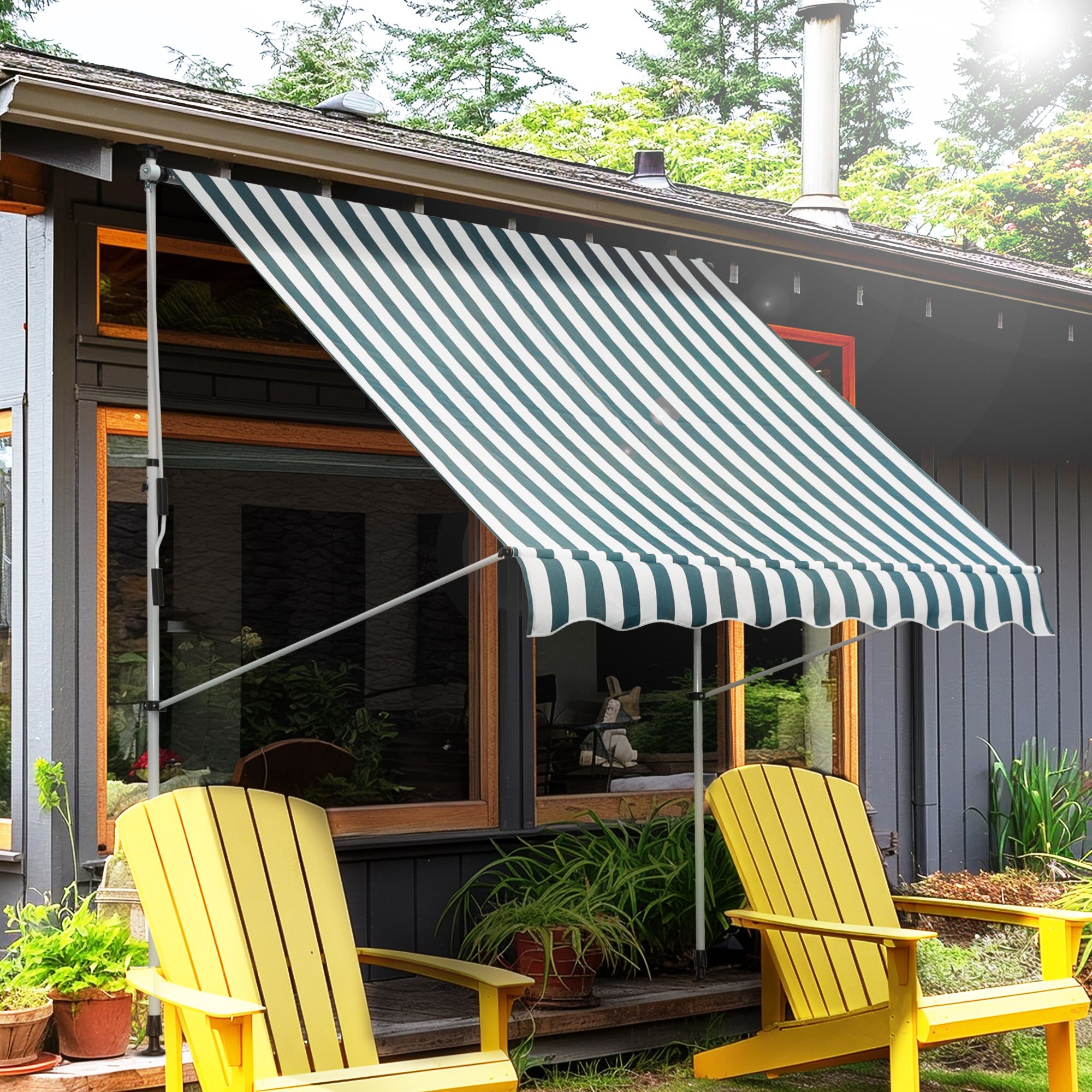 Toldo Manual Retráctil 2x1,5 m Toldo Exterior Terraza Enrollable Altura Ajustable con Manivela 170-280 cm Sin Taladro para Balcón Jardín Verde y Blanco