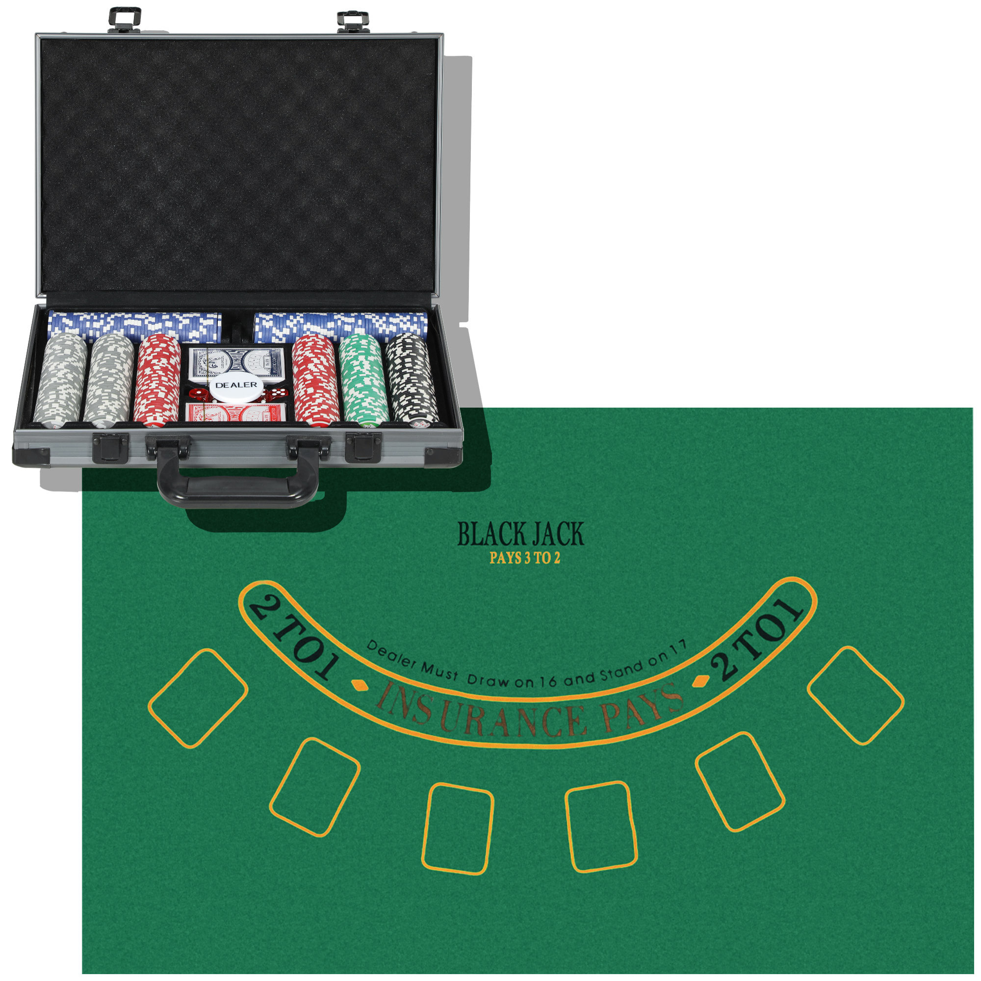Juego de Póker Maletín de Póker con 400 Fichas 2 Barajas de Cartas 5 Dados Tapete y Botón de Crupier Gris