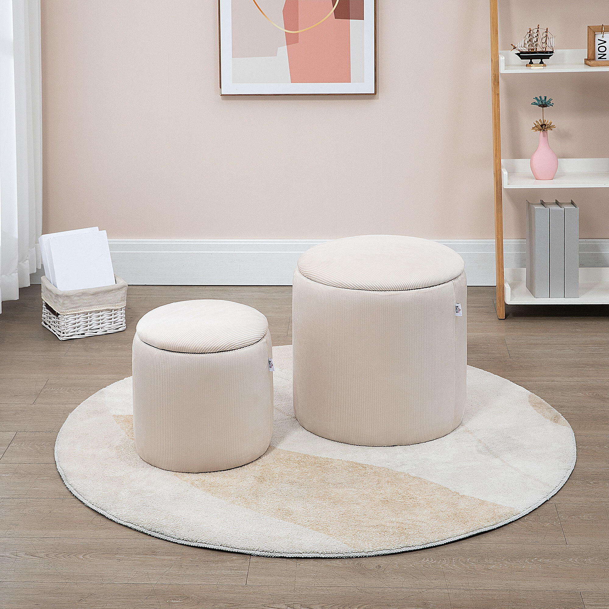 Lot de 2 poufs velours cotelé - poufs coffres 2 en 1 - poufs emboitables - Ø 40 et 30 cm - tissu crème