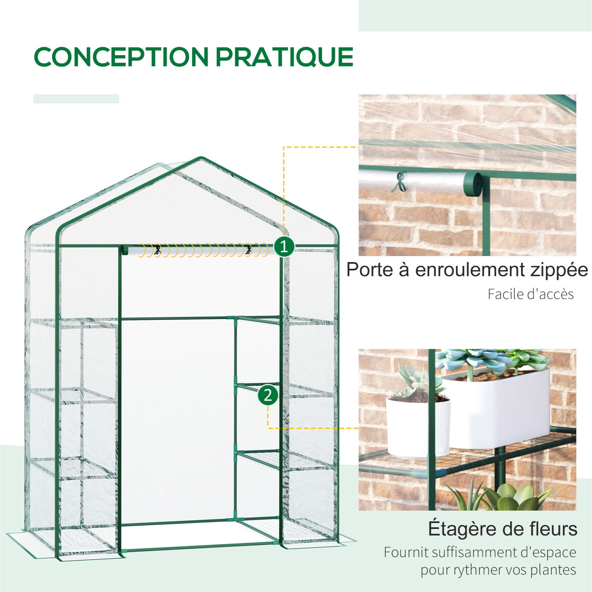 Serre de jardin balcon terrasse 8 étagères dim. 143L x 73l x 195H cm acier PVC imperméable anti-UV transparent vert