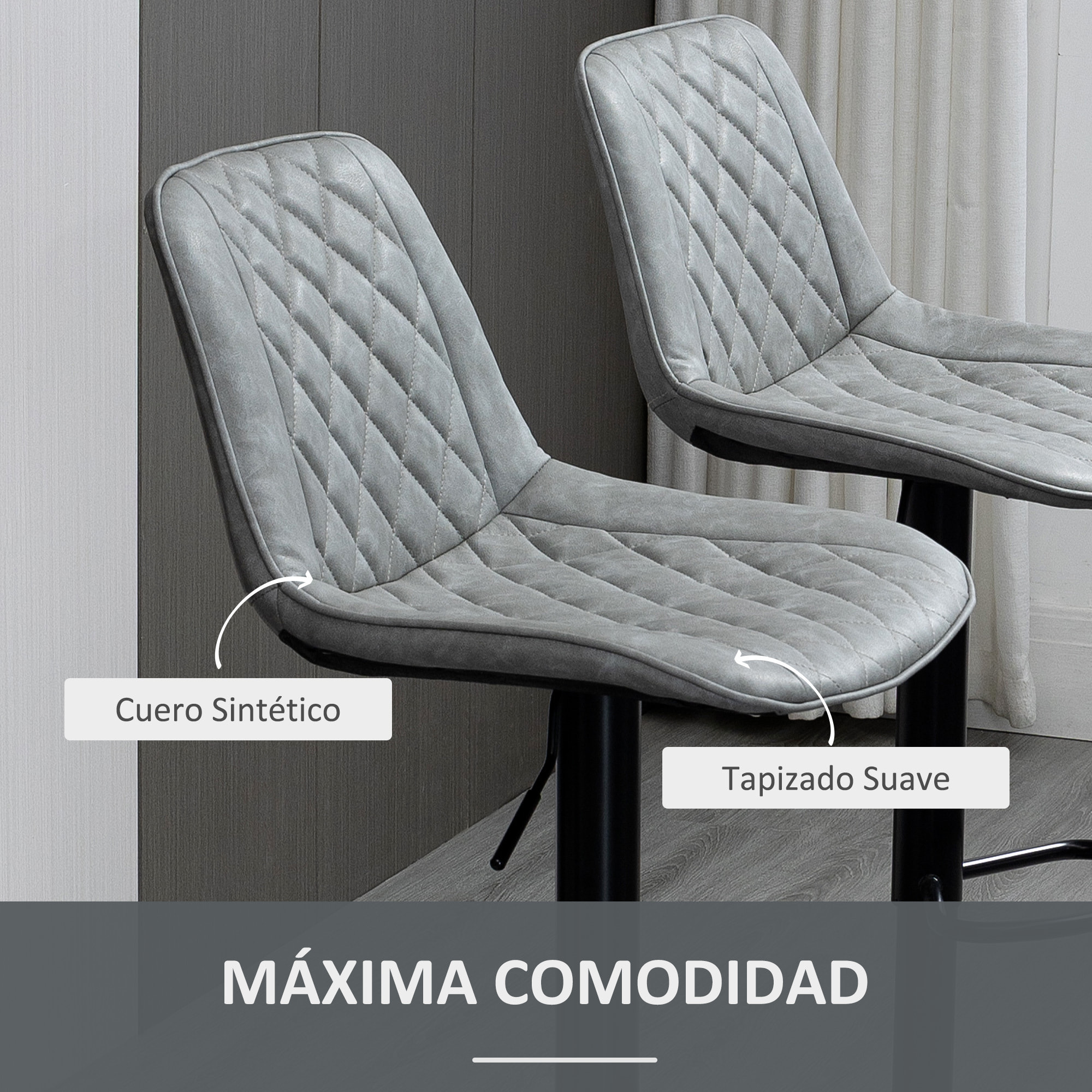 Juego de 2 Taburetes de Bar Giratorios, Taburetes Altos de Cocina con Altura Ajustable 86-106 cm, Sillas Altas de Cocina, Tapizada en Cuero Sintético, Respaldo y Reposapiés, Gris