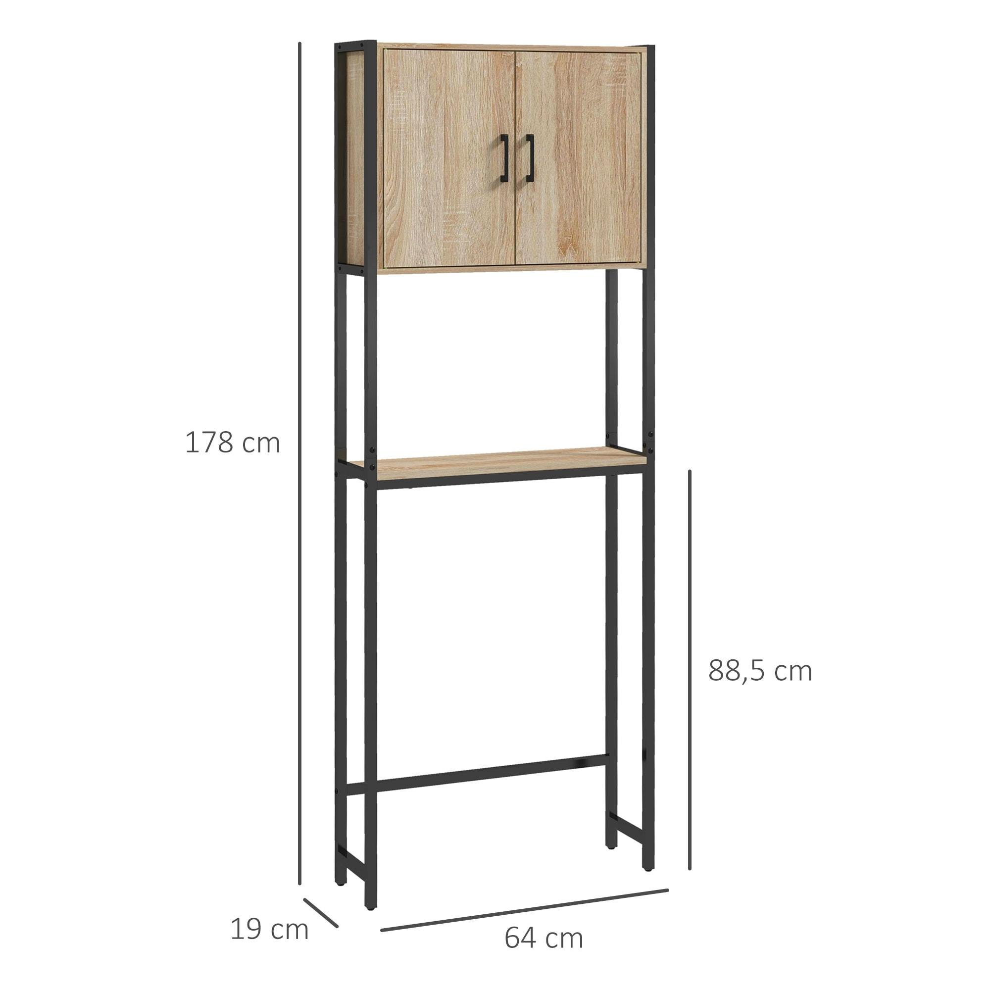 Meuble WC meuble dessus toilettes style industriel 2 portes 2 étagères acier noir aspect chêne clair