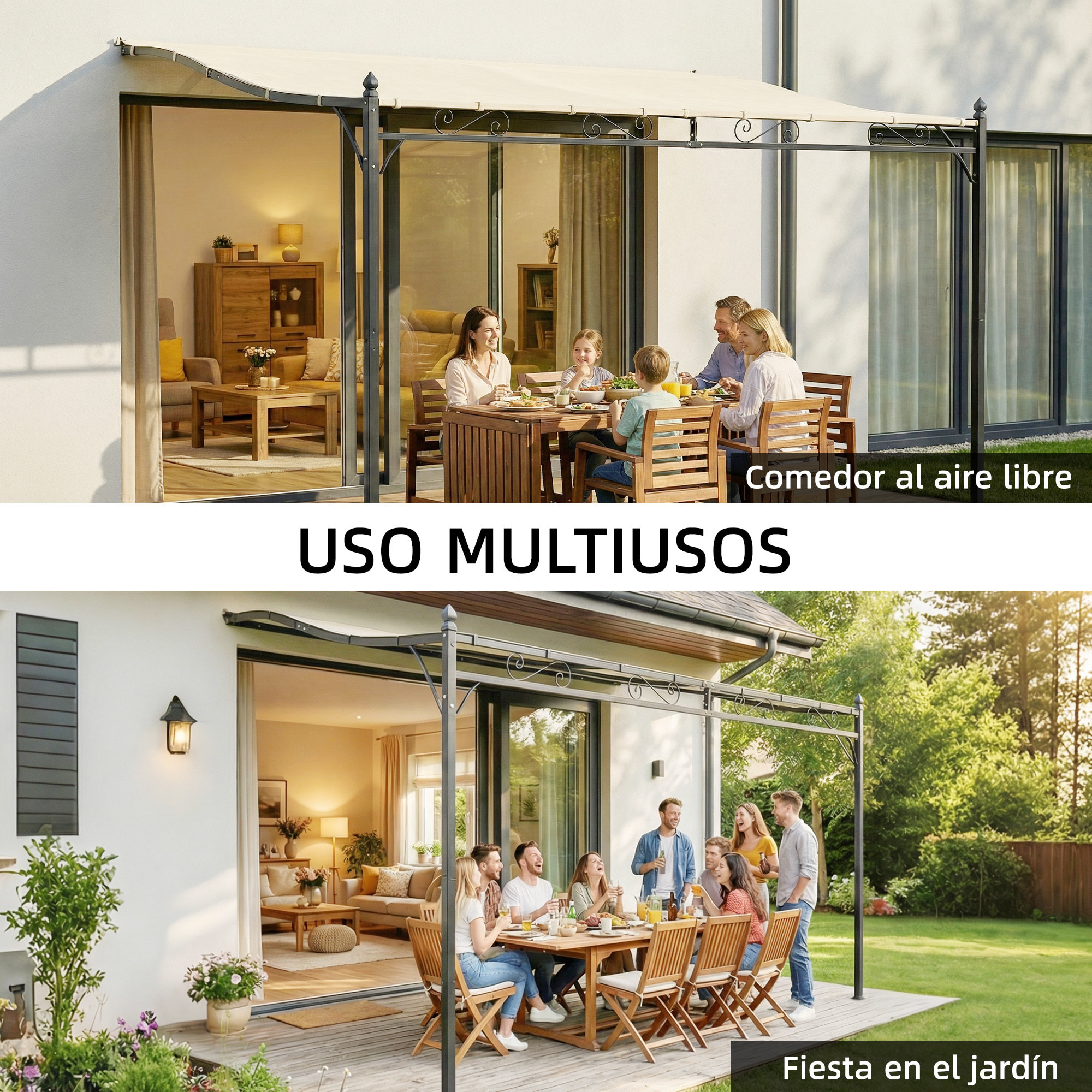 Pérgola de Pared de Jardín 2,5x3,5 m, Cenador de Jardín con Techo Inclinado, Orificios de Drenaje y Estructura Metálica Resistente, UPF30, Gazebo para Patio, Terraza, Balcón, Blanco Crema