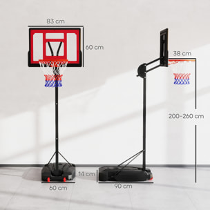 Canasta de Baloncesto Infantil con Altura Ajustable 200-260 cm Canasta de Baloncesto Exterior Portátil con Ruedas Base Rellenable y Bolsa de Peso Rojo y Negro