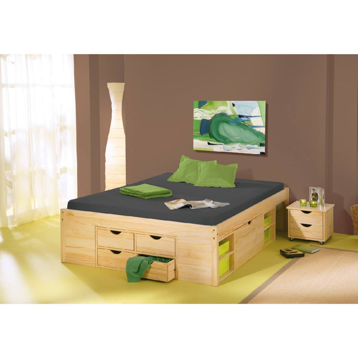 Letto con contenitore e comodino con ruote in finitura naturale massello, 186.5 x 209 x 47.5, Rovere