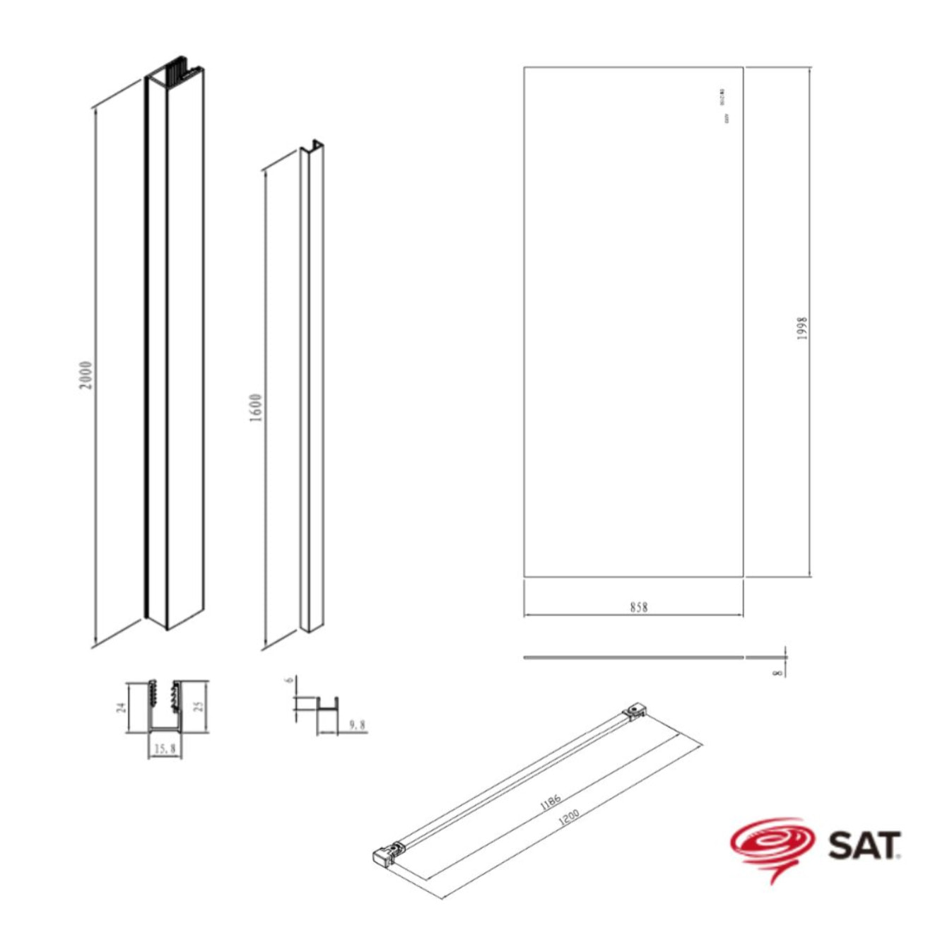 Walk-in 90x200cm Paroi en verre fumé 8 mm anticalcaire, avec bras et profilés noir mat (SATBWI90KSPRC)