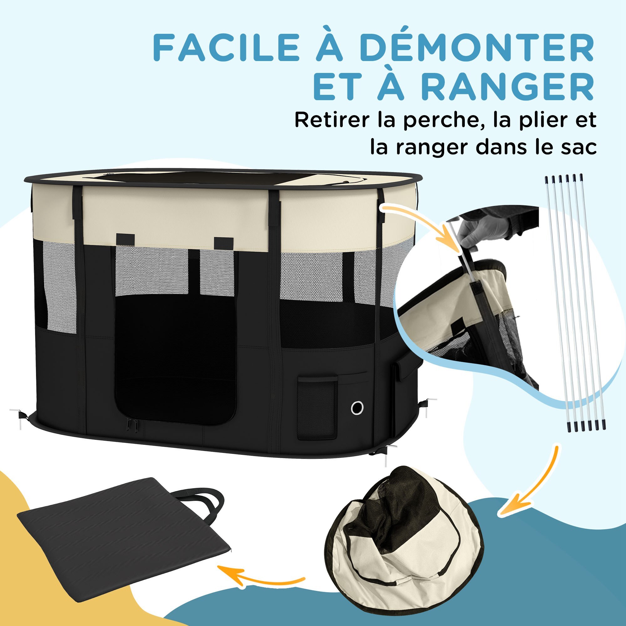 Parc pour chien pliable dim. 94L x 74l x 60H cm tissu Oxford crème noir