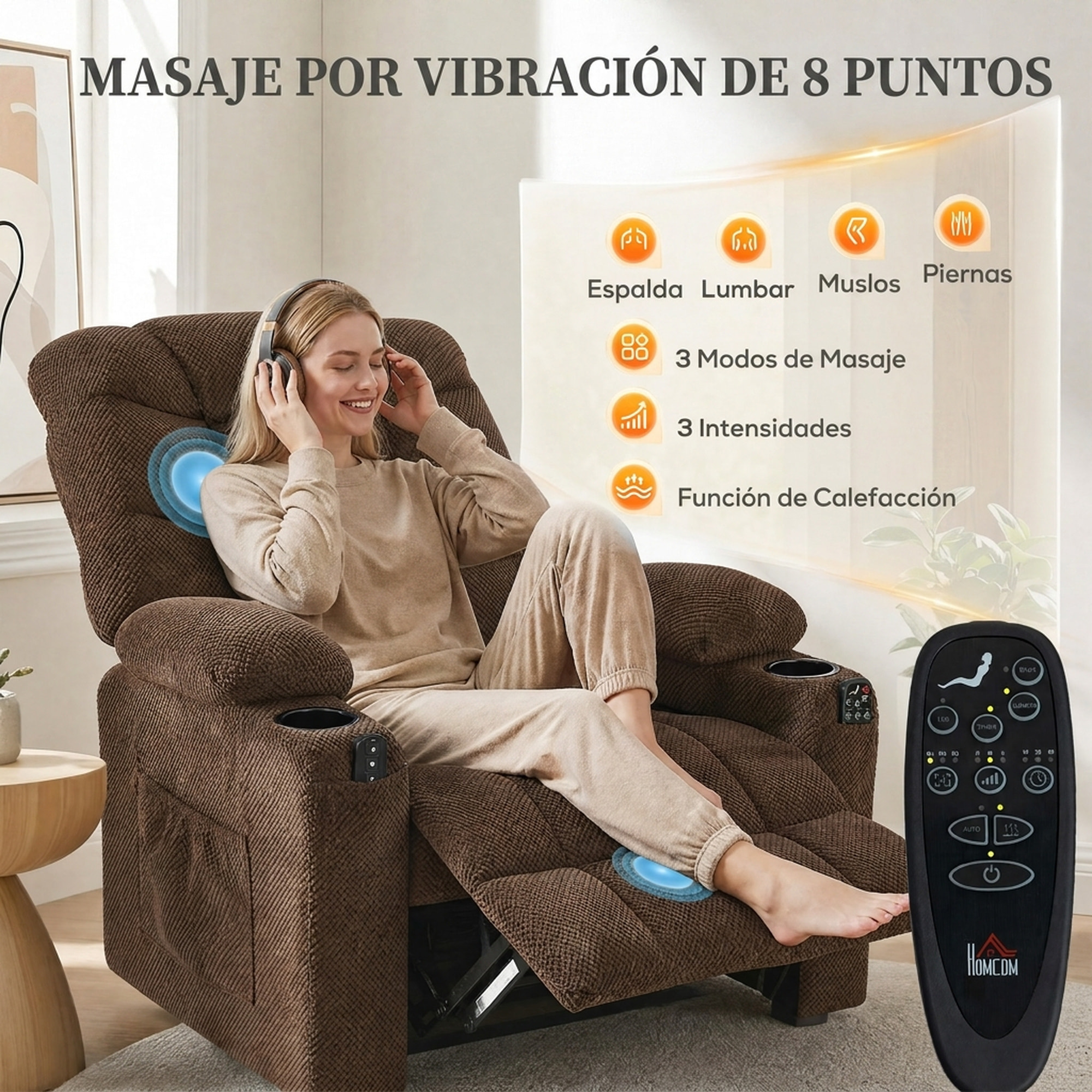 Sillón Relax Reclinable Eléctrico con Calor Lumbar y Masaje Vibración, Sillón Masaje Relax, Motor Silencioso, Función Memoria, Asiento Ancho, Bolsillos, Portavasos, USB, Tela Terciopelo, Marrón