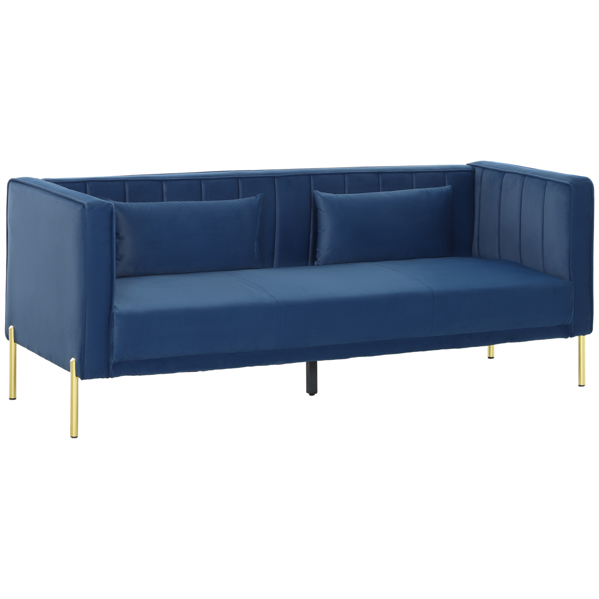 Sofá de 3 Plazas Sofá de Salón de 194,5 cm Tapizado en Terciopelo con 2 Almohadas Reposabrazos y Patas Doradas para Sala de Estar Azul Marino