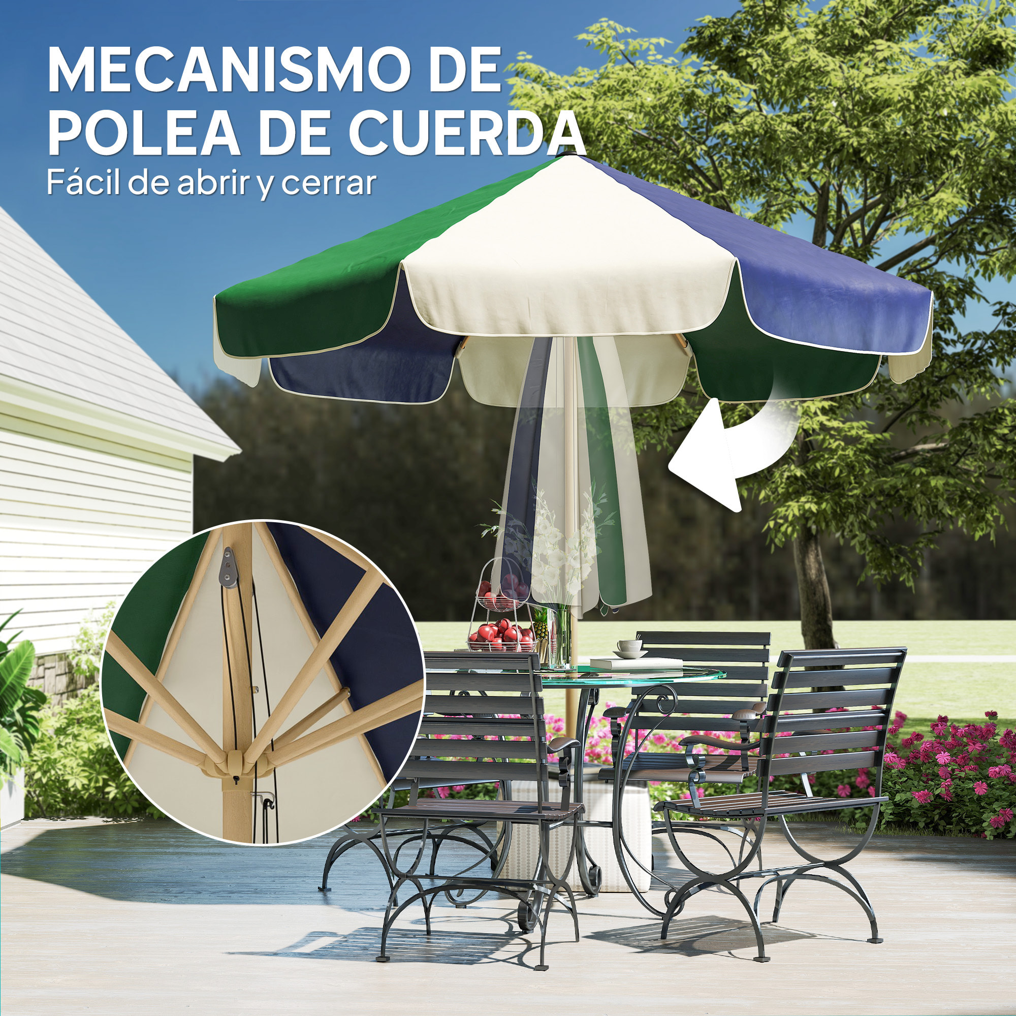 Sombrilla Terraza Exterior, Ø2,3 m, Sombrilla de Jardín con Marco de Efecto Madera, Polea con Cuerda, Dosel Bicolor, UPF30+, Parasol para Playa, Patio, Terraza, Verde Oscuro