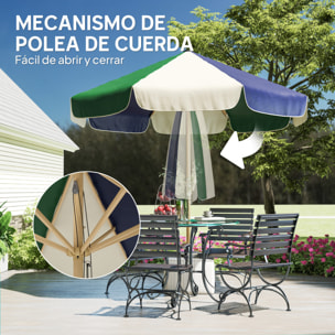 Sombrilla Terraza Exterior, Ø2,3 m, Sombrilla de Jardín con Marco de Efecto Madera, Polea con Cuerda, Dosel Bicolor, UPF30+, Parasol para Playa, Patio, Terraza, Verde Oscuro
