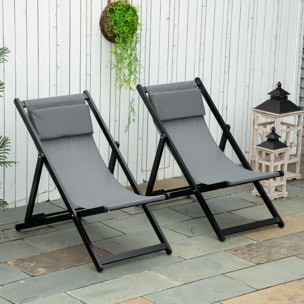 Conjunto de 2 Tumbonas Plegables de Aluminio Tumbonas de Jardín con Respaldo Regulable en 5 Posiciones y Reposacabezas para Terraza Patio Exterior 60x100x85 cm Gris