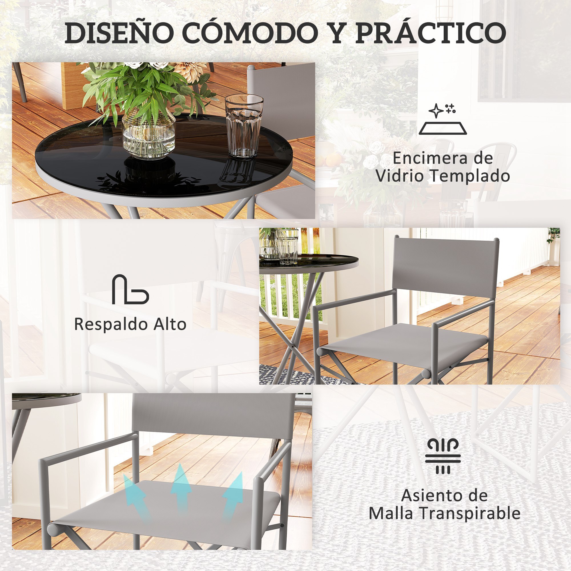 Conjunto de Muebles de Jardín de 3 Piezas Juego de Muebles de Balcón con 2 Sillas Plegables Mesa con Encimera de Vidrio Templado y Estructura de Acero para Terraza Patio Exterior Gris Oscuro