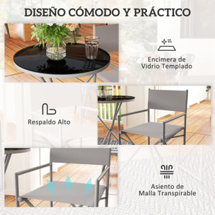 Conjunto de Muebles de Jardín de 3 Piezas Juego de Muebles de Balcón con 2 Sillas Plegables Mesa con Encimera de Vidrio Templado y Estructura de Acero para Terraza Patio Exterior Gris Oscuro