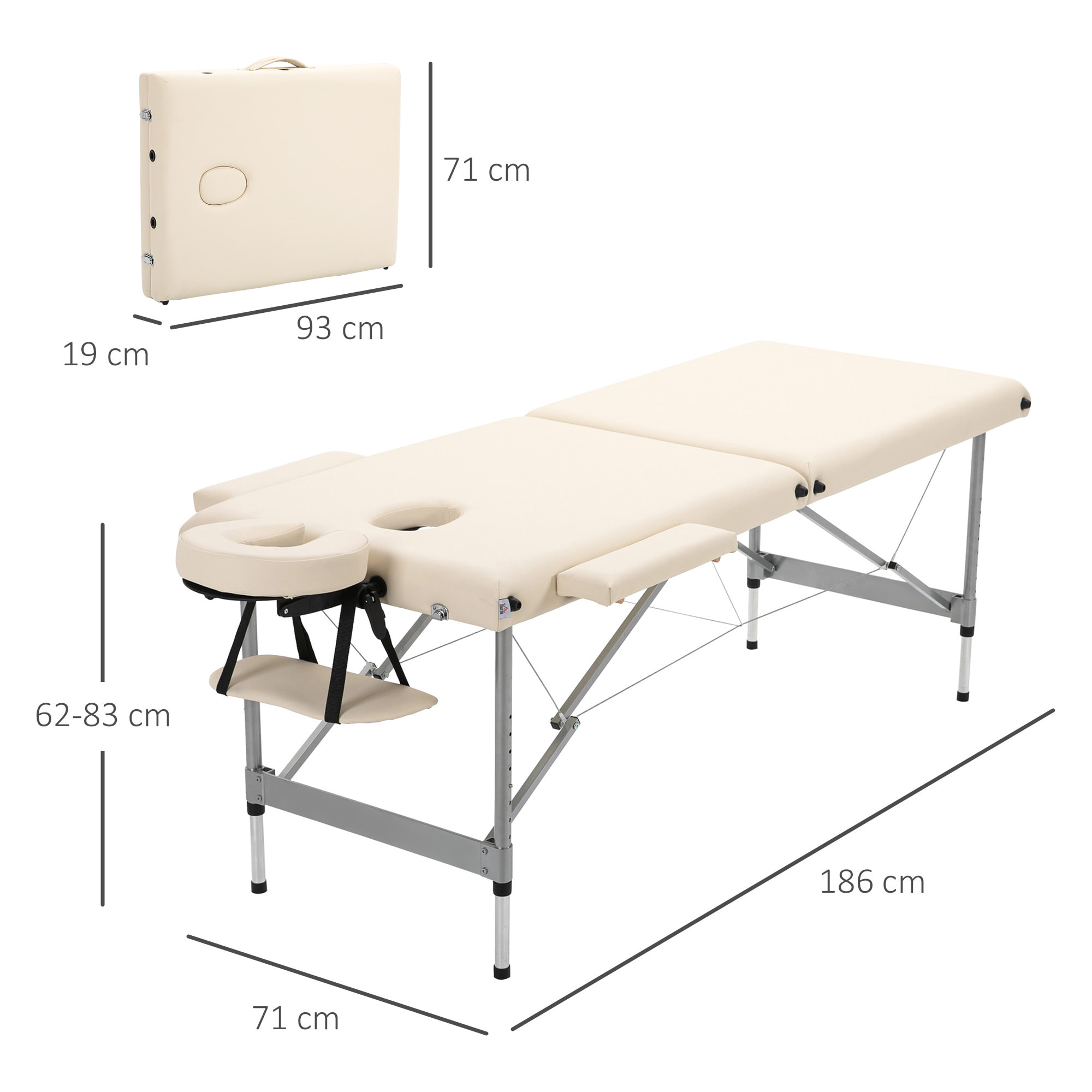 HOMCOM Camilla de Masaje Plegable Mesa de Masaje Portátil con Altura Ajustable en 7 Posiciones Reposacabezas y Marco de Aleación de Aluminio para Fisioterapia Carga 130 kg 186x71x62-83 cm Beige