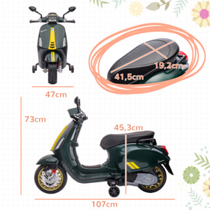 Scooter électrique enfant Vespa 6V - musiques, feu AV, entrée USB, radio FM - 2 roues support aux. - vert