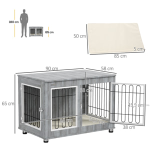 Cage pour chien sur pied - 2 portes verrouillables, coussin déhoussable inclus - acier filaire noir panneaux aspect bois gris