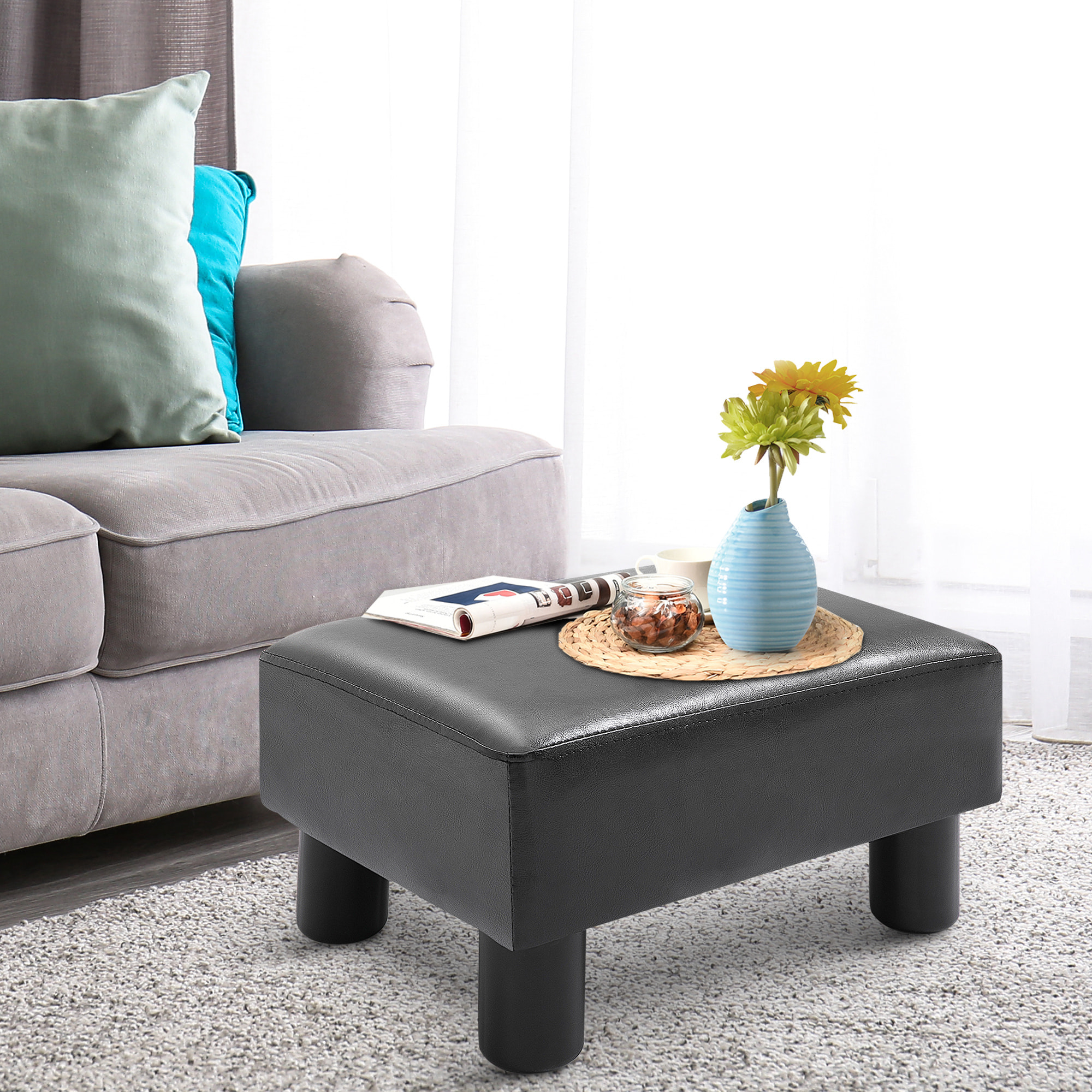 Reposapiés de Salón Taburete Bajo Tapizado en Cuero Sintético Otomana Rectangular con Estructura de Plástico para Sala de Estar Dormitorio Negro