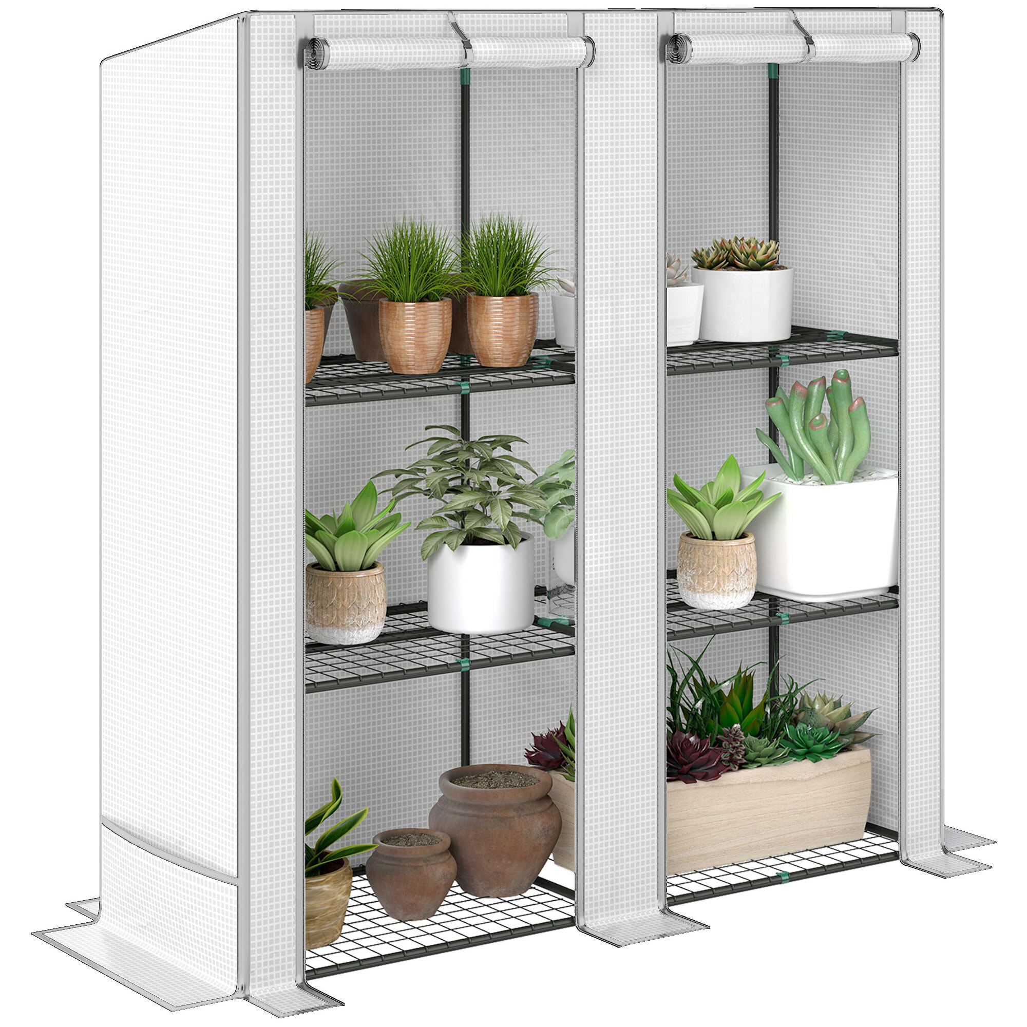 Invernadero de Exterior con Techo Inclinado Invernadero Pequeño con 3 Estantes 2 Puertas Enrollables Cubierta de PE y Marco de Acero para Cultivos Plantas Flores 144x48x152 cm Blanco