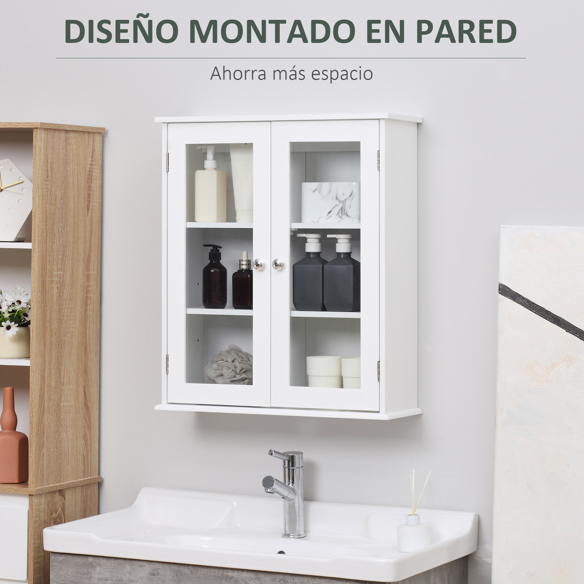 kleankin Armario de Pared Baño de 2 Puertas de Cristal Armario Colgante Multiusos para Cocina Salón con Estantes Interiores y Balda Ajustable 55x20x65 cm Blanco