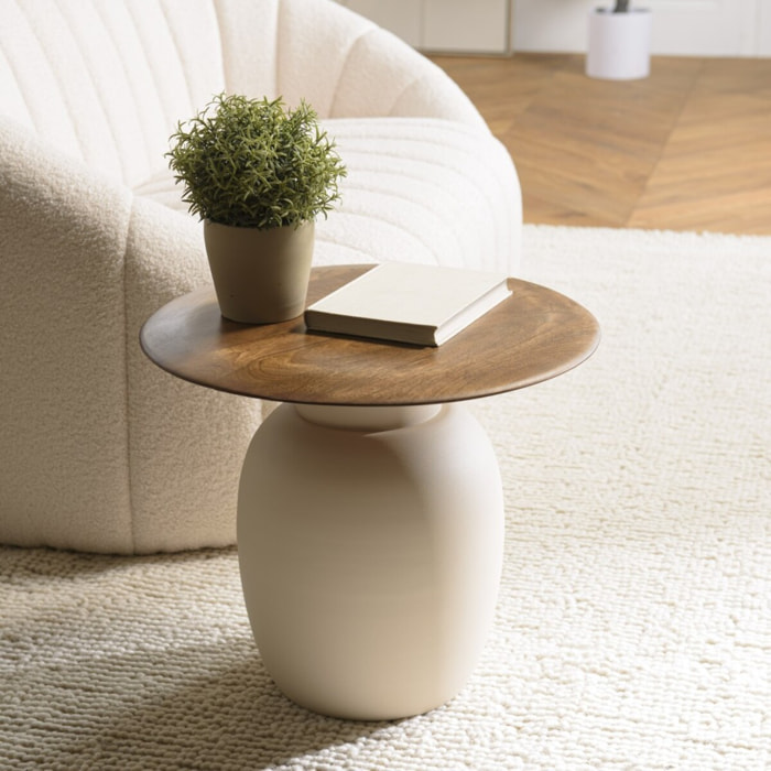 JAMES - Table d'appoint 48x48cm plateau en manguier pied métal ivoire JAMES
