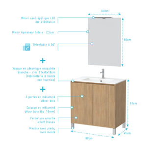 Pack Meuble Salle de Bains 80cm Chêne Clair 2 Portes, Vasque, Miroir 60x80 et réglette Led - XENOS