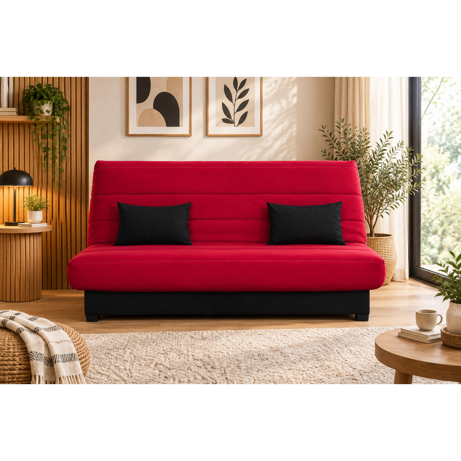 Canapé convertible Olivia, matelas Simmons, 130 x 190 cm, 2 coussins offerts, rouge