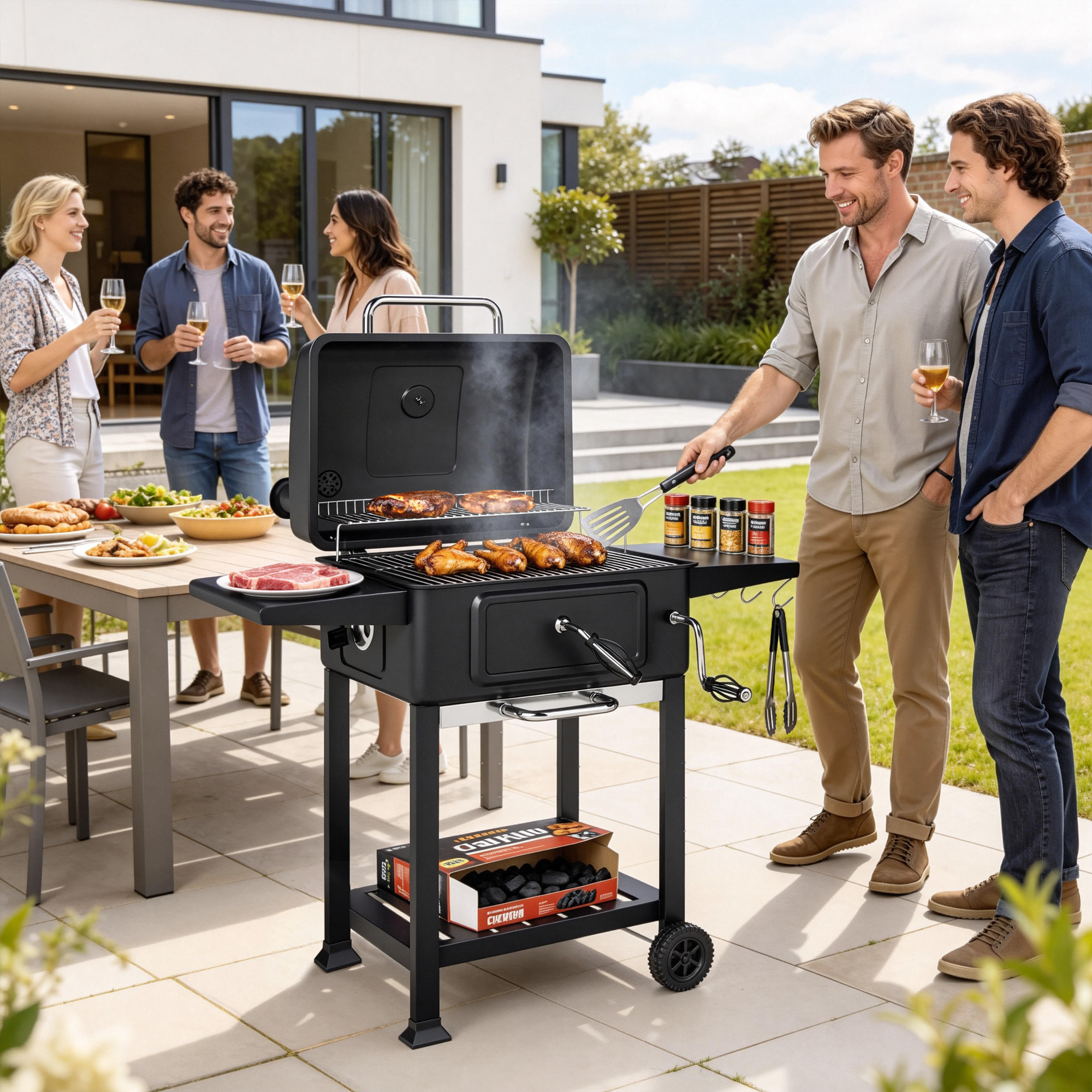 Barbacoa de Carbón Portátil, Barbacoa de Carbón con Bandeja y Ventilación Ajustable, Gran Parrilla, Estantes Laterales, Termómetro, Tapa, Chimenea, Cajón de Cenizas, Ruedas, Puerta, Negro