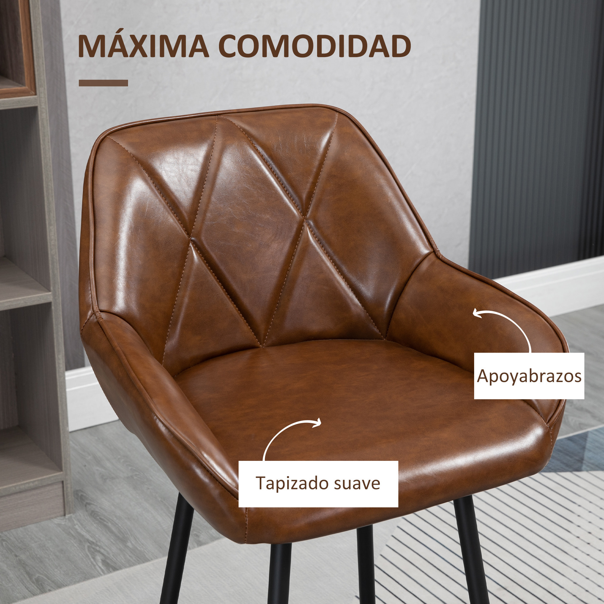 HOMCOM Juego de 2 Taburetes Altos de Cocina Taburetes de Bar Tapizado en PU con Respaldo Alto Patas de Acero y Reposapiés para Comedor Carga 120 kg 50x47,5x102,5 cm Marrón