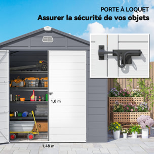 Abri de jardin 4,6 m² résine polypropylène fondation incluse structure alu 240 x 190 x 228 cm 2 portes fenêtre gris