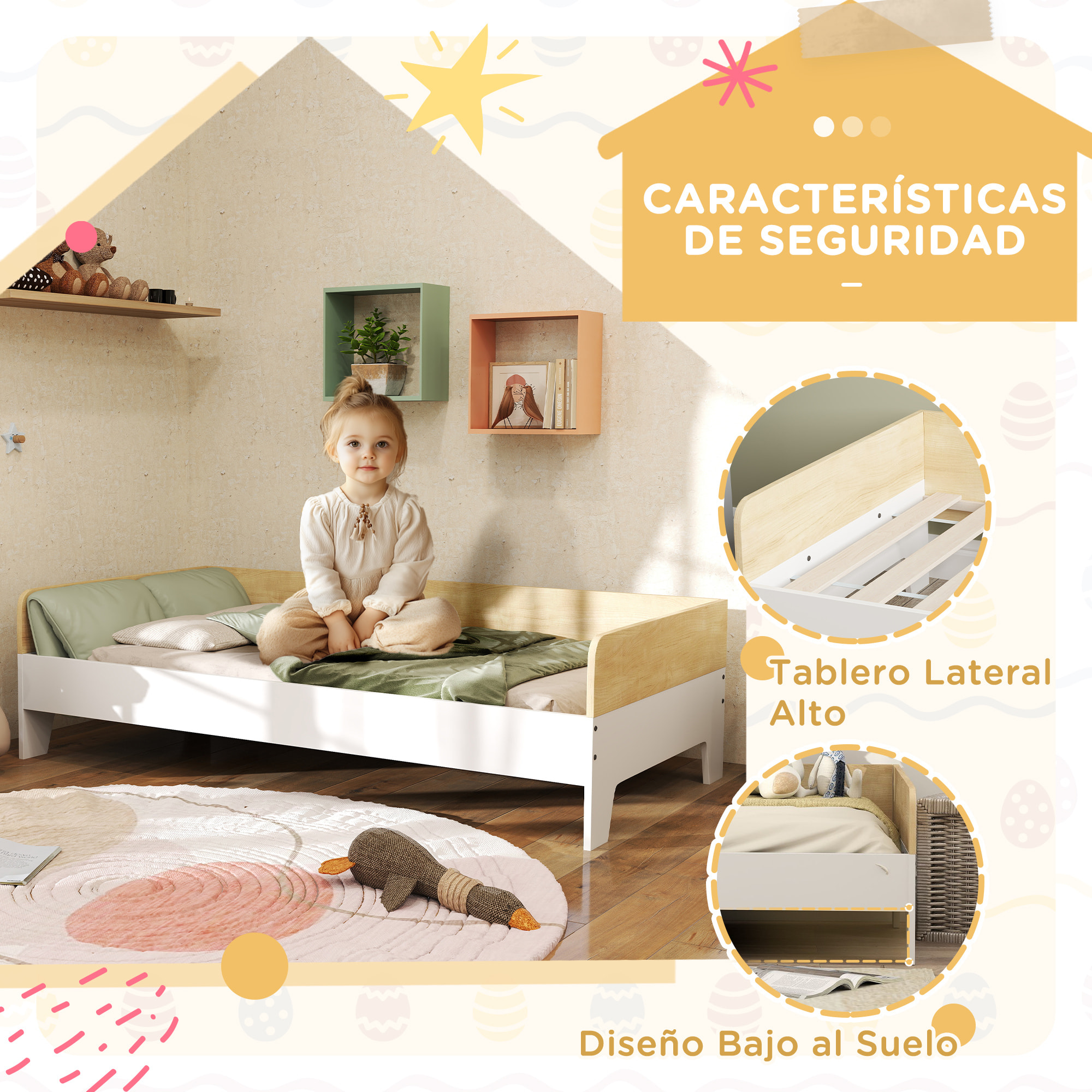 Cama para Niños de +3 Años 140x70 cm Cama Infantil de Madera Carga 80 kg para Dormitorio Blanco y Natural