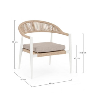 Set di 2 poltrone JANDIA in alluminio bianco e intreccio in fibra sintetica naturale, con braccioli