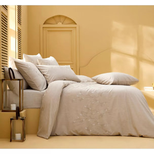 Taie d'oreiller pur coton lavé tissé teint brodé beige Monnaie du pape naturel