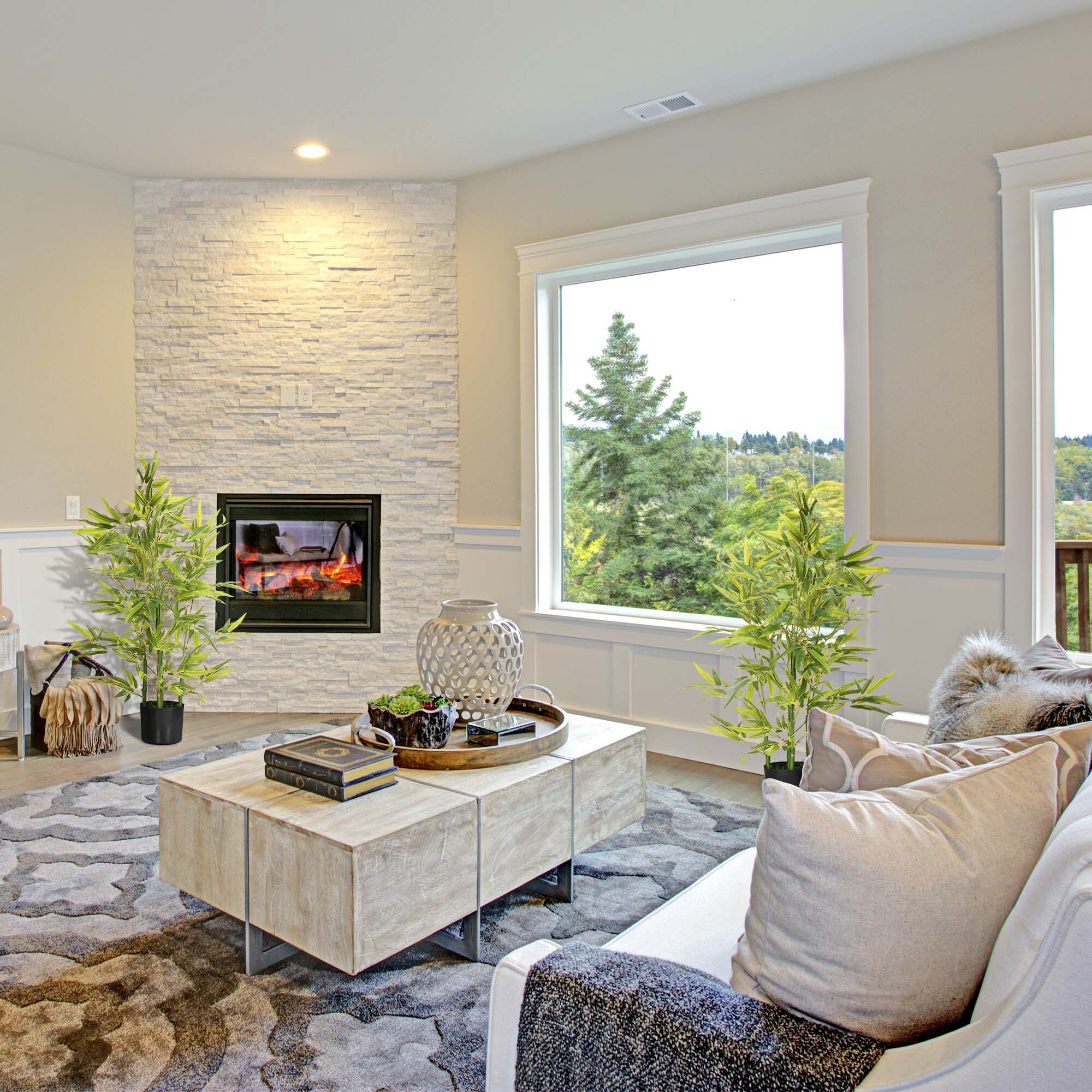 Juego de 2 Plantas Artificiales 90 cm Bambú Artificial con Maceta Plantas Sintéticas para Decoración Hogar Salón Oficina Verde